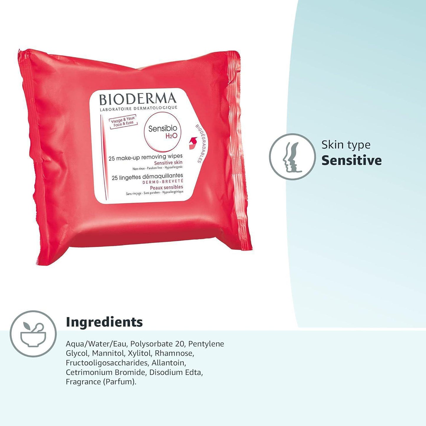 BIODERMA Sensibio H2O Wipes Ingredients 贝德玛粉水卸妆湿巾 25pcs