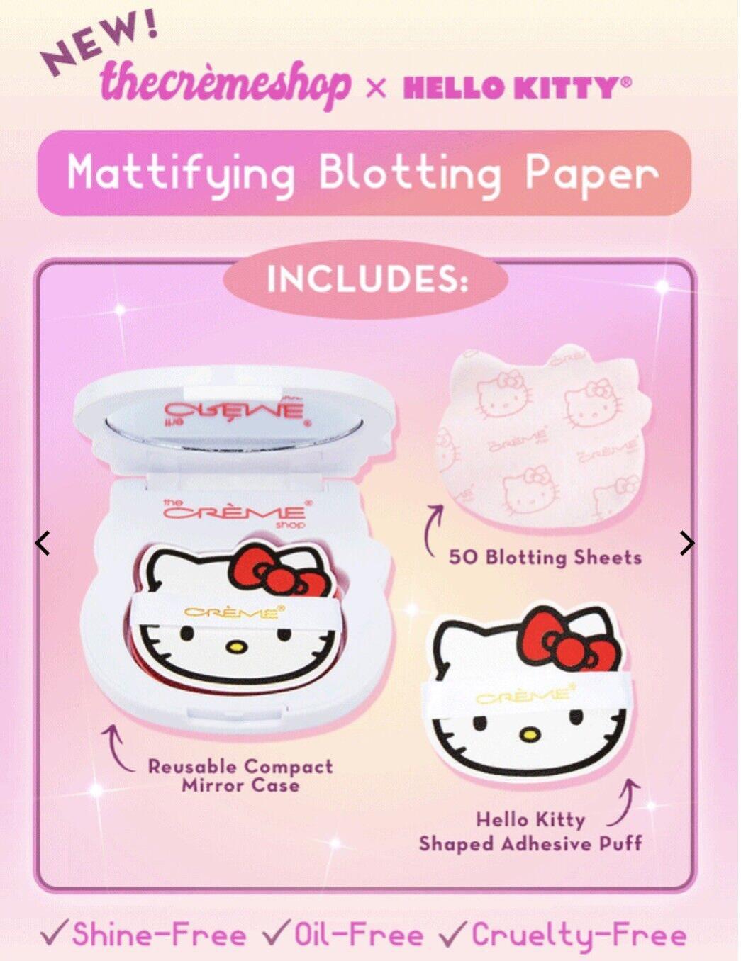 The Creme Shop Hello Kitty Mattifying Blotting Paper+Reusable Mirror Compact 凯蒂猫哑光吸油纸+可重复使用化妆镜