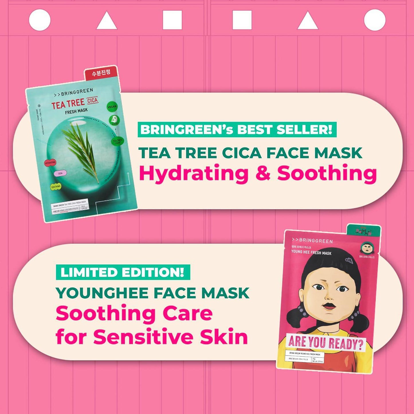 BRING GREEN Tea Tree CICA&Pink Soldier Fresh Mask-Netflix Squid Game Collaboration Limited 芭兰歌林茶树积雪草清新面膜鱿鱼游戏合作限量版