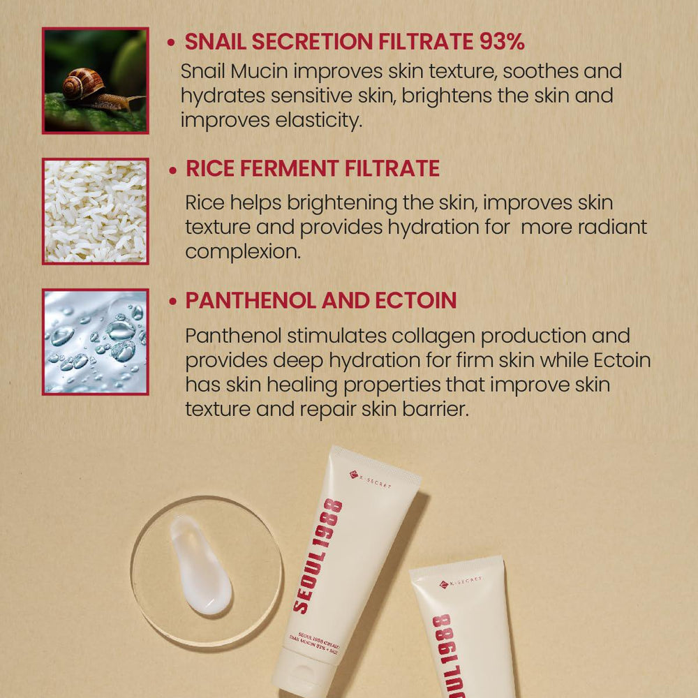 
                      
                        K-SECRET SEOUL 1988 Cream - Snail Mucin 93% + Rice 韩国K-SECRET1988面霜93%蜗牛胶原蛋白+大米 100mL
                      
                    