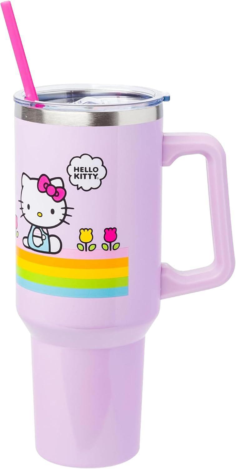 Hello Kitty Cactus 40oz Stainless Steel Tumbler w/ Handle 凯蒂猫春夏花朵彩虹条纹不锈钢杯（带手柄和吸管）
