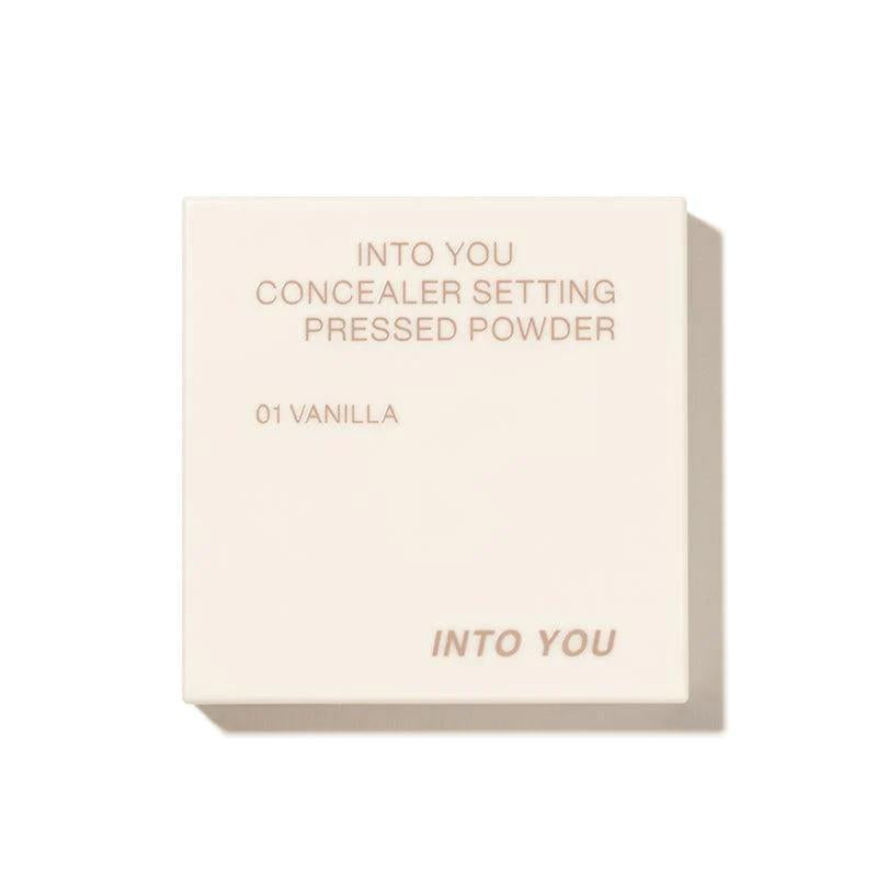 INTO YOU Concealer Setting Pressed Powder V1beige with a double- ended makeup brush