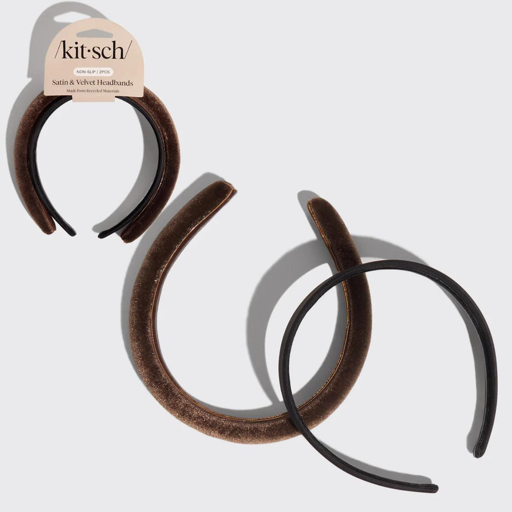 Kitsch Recycled Fabric Satin & Velvet Headbands 2pc Set-Black/Choco 黑色和巧克力色缎面和天鹅绒头带 2件套