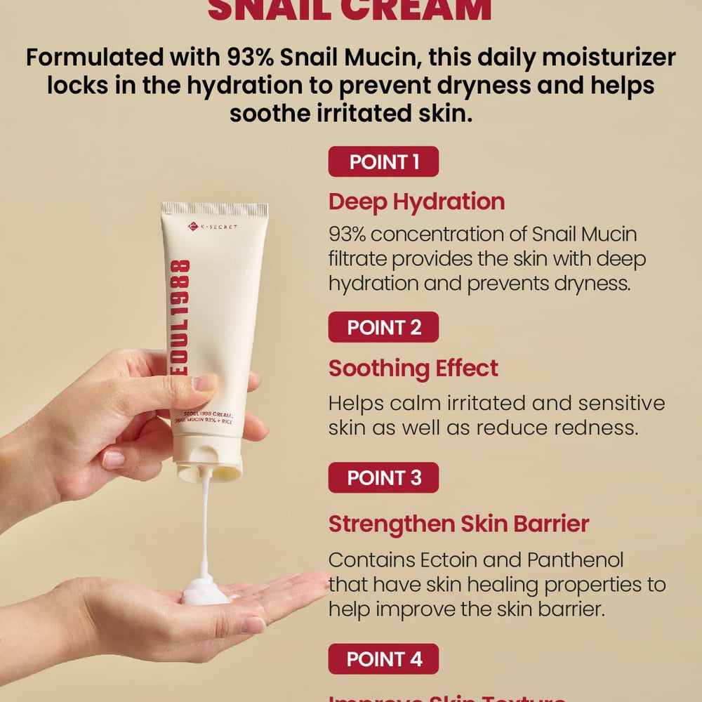 
                      
                        K-SECRET SEOUL 1988 Cream - Snail Mucin 93% + Rice 韩国K-SECRET1988面霜93%蜗牛胶原蛋白+大米 100mL
                      
                    
