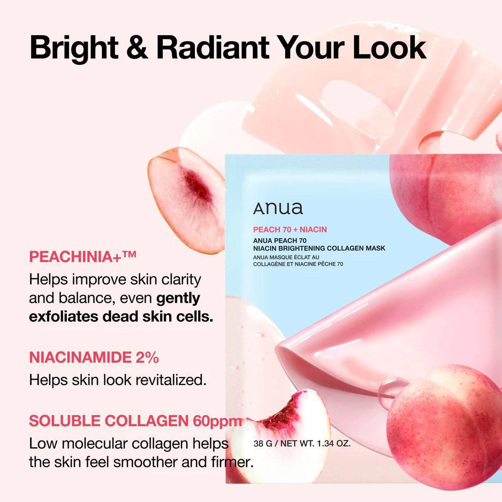 
                      
                        ANUA Peach 70 Niacin Brightening Collagen Mask 韩国ANUA桃子胶原蛋白面膜 4ea
                      
                    