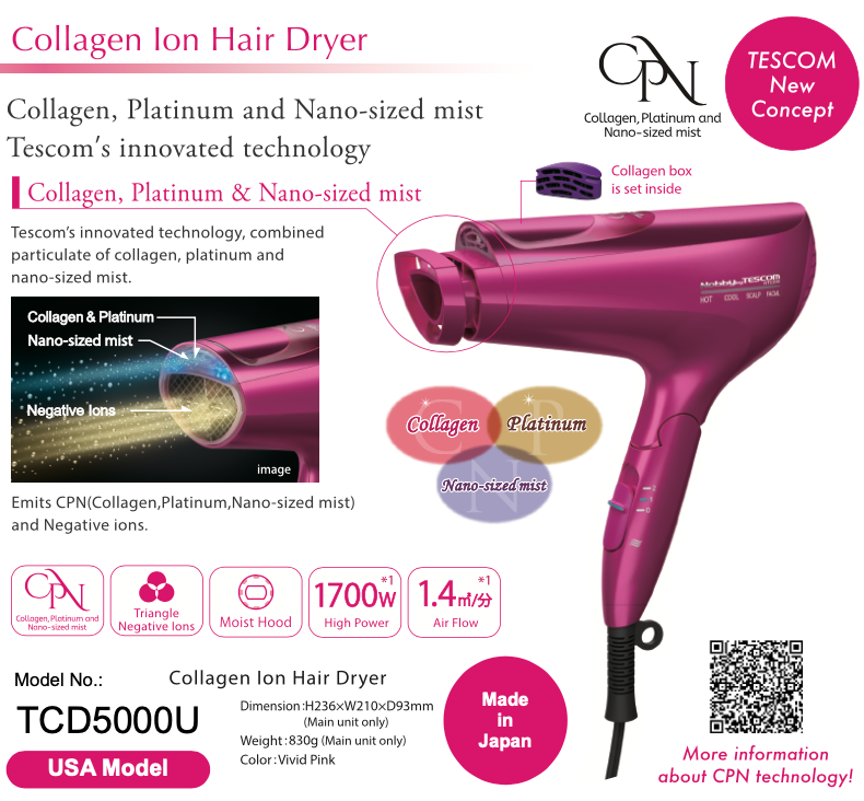 
                      
                        TESCOM Collagen Platinum & Nano-Sized Mist 1500W Hair Dryer (Large)  胶原蛋白吹风机（大号）
                      
                    