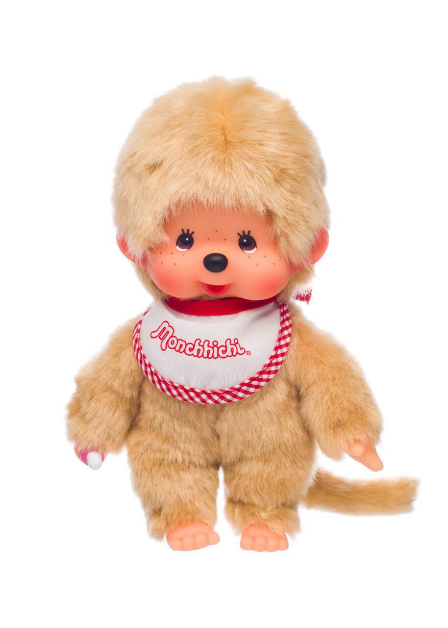 Monchhichi Beige Boy With Bib Red White 8in 蒙奇奇米色男童红白色连围兜毛绒玩具