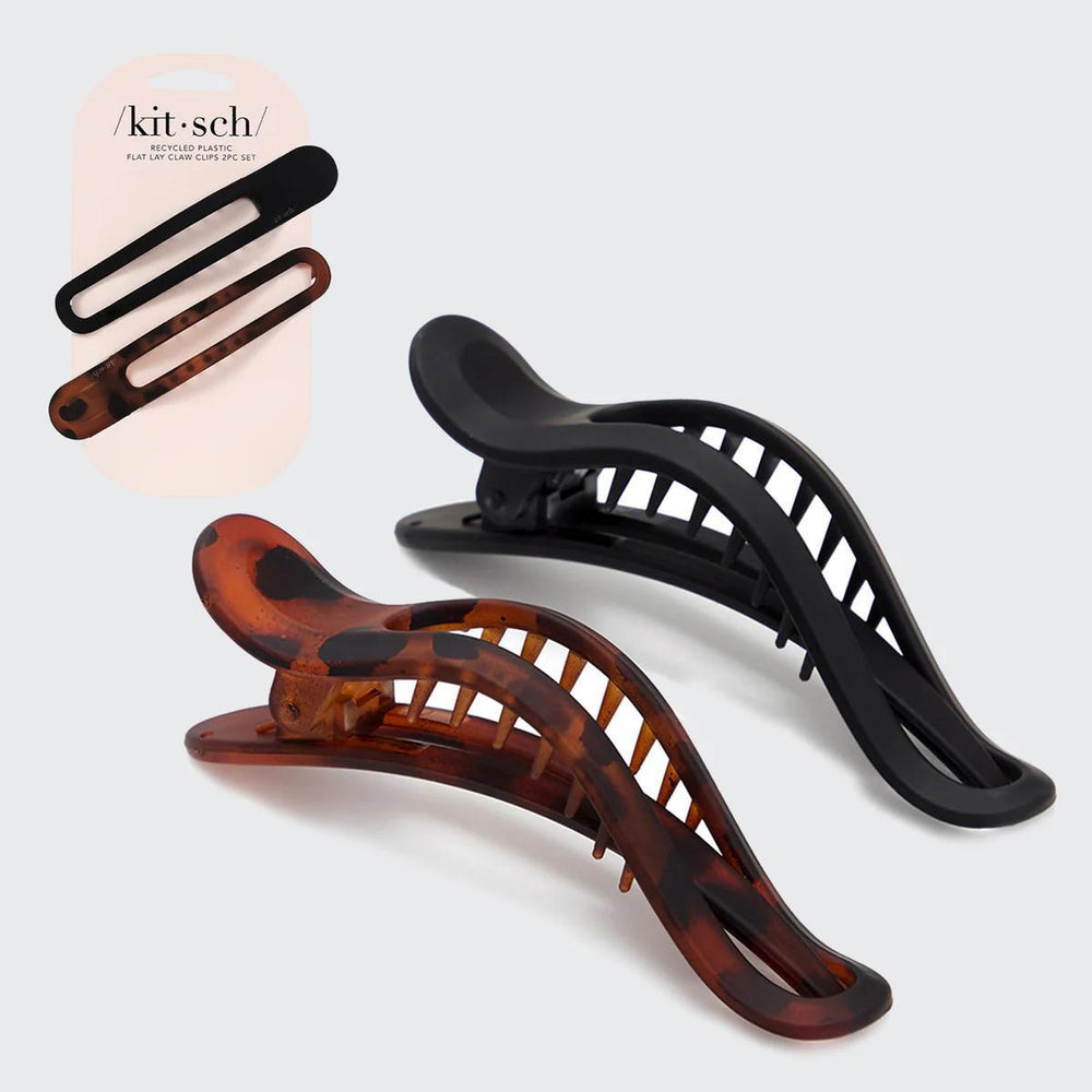 Kitsch Flat Lay Claw Clip 2pc Curved - Black & Tort 平躺爪夹黑色和土色 2件套