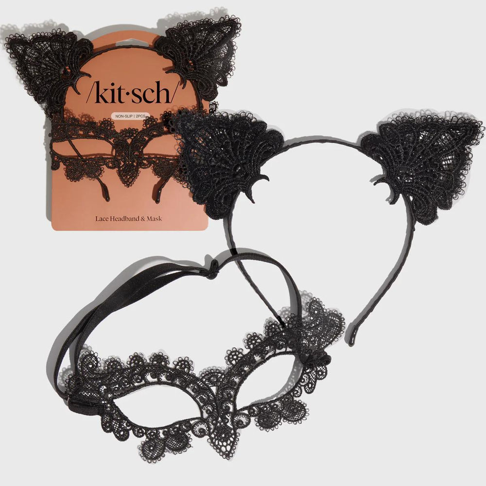 Kitsch Lace Headband & Mask 2pc Set - Black Cat 黑色蕾丝头带和面具 2件套