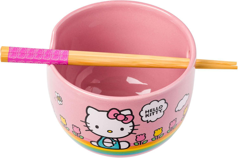 Hello Kitty Ceramic Ramen Bowl with Chopsticks 凯蒂猫彩虹条纹陶瓷拉面碗（带筷子） 20oz