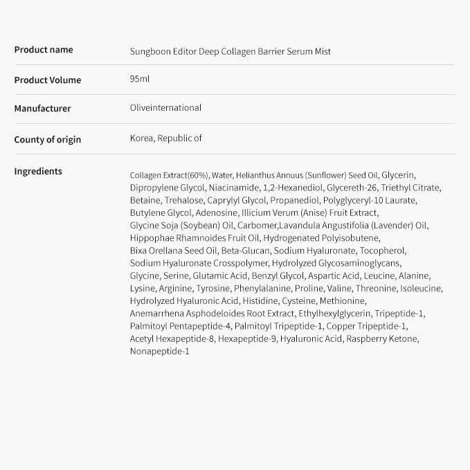 
                      
                        Sungboon Editor Deep Collagen Barrier Serum Mist 韩国Sungboon Editor深层胶原蛋白屏障精华喷雾 100mL
                      
                    