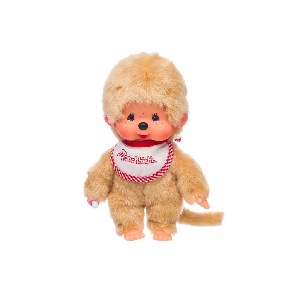 Monchhichi Beige Boy With Bib Red White 8in 蒙奇奇米色男童红白色围兜毛绒玩具