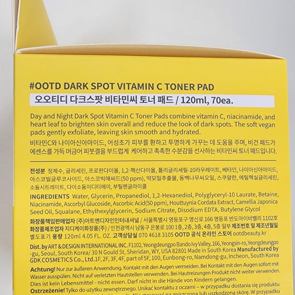 
                      
                        OOTD Beauty Dark Spot Vitamin c Toner Pad 维生素C淡斑爽肤保湿棉片 120mL
                      
                    